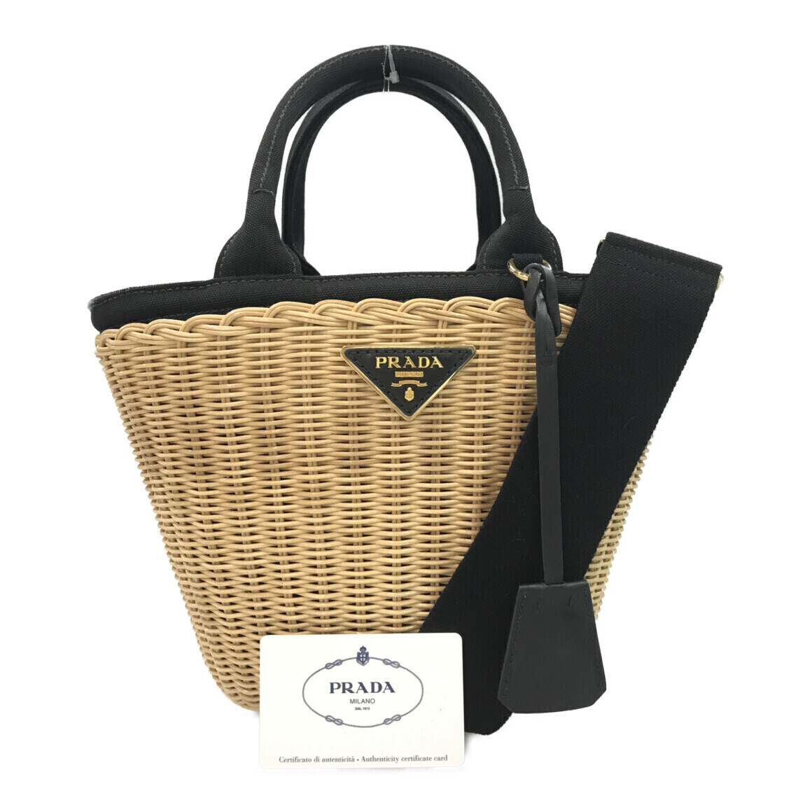 Prada Milano Wicker Canvas Basket Bag Tan Black